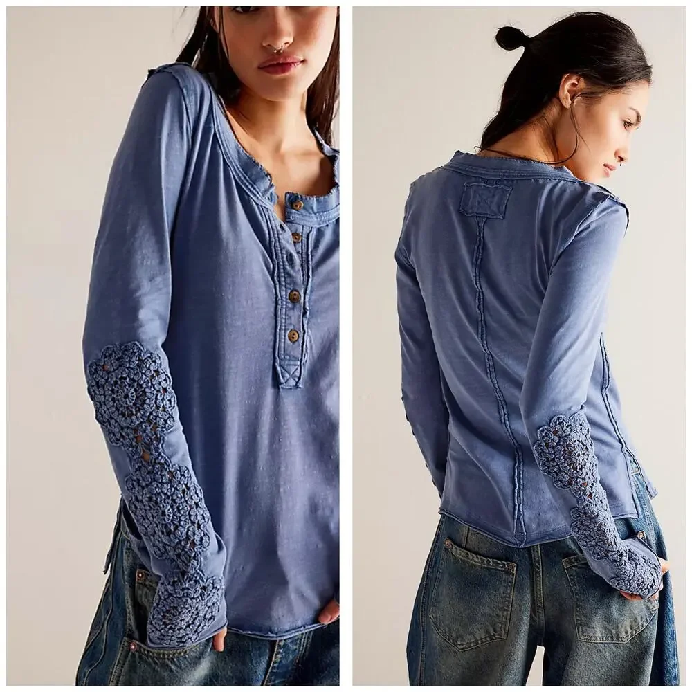 Free People Our Song Henley Cuff Long-Sleeve Shirt Size Medium Blue Crochet